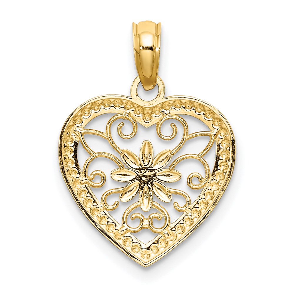 14k w/ Rhodium Textured Heart Flower Filigree Charm