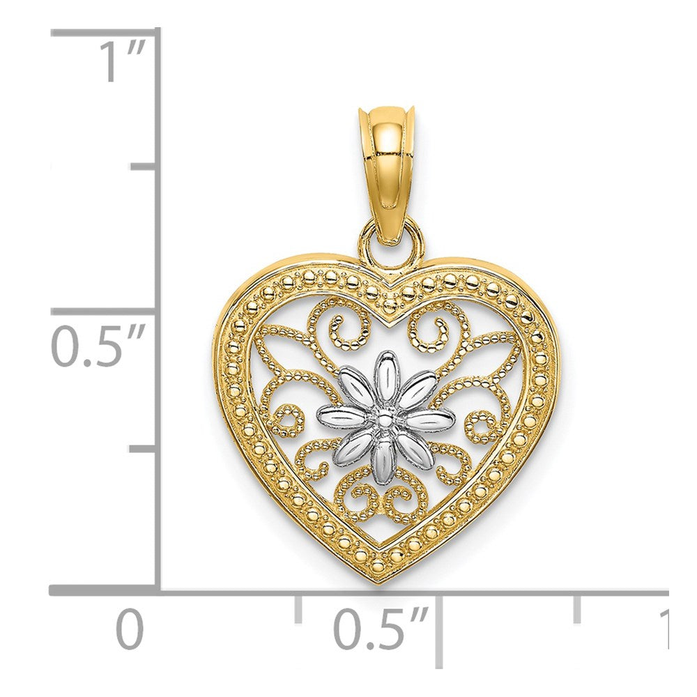 14k w/ Rhodium Textured Heart Flower Filigree Charm