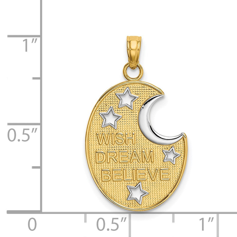 14k w/ Rhodium WISH DREAM BELIEVE Moon and Stars Charm