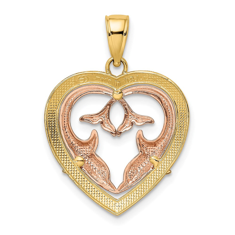 14K Two-Tone w/White Rhodium Dolphins In Heart Frame Charm