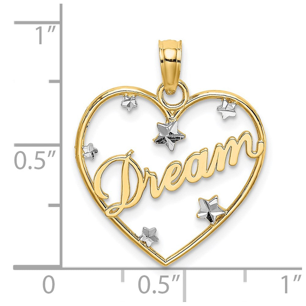 14k w/Rhodium Diamond-cut DREAM Heart with Stars Charm