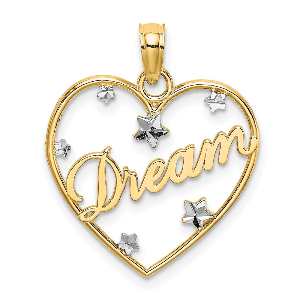 14k w/Rhodium Diamond-cut DREAM Heart with Stars Charm