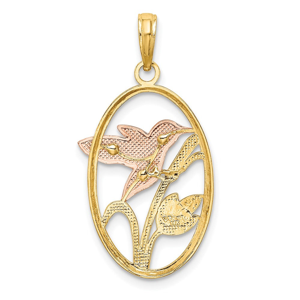 14k Two-tone with White Rhodium Hummingbird and Flowers In Oval Frame Charm