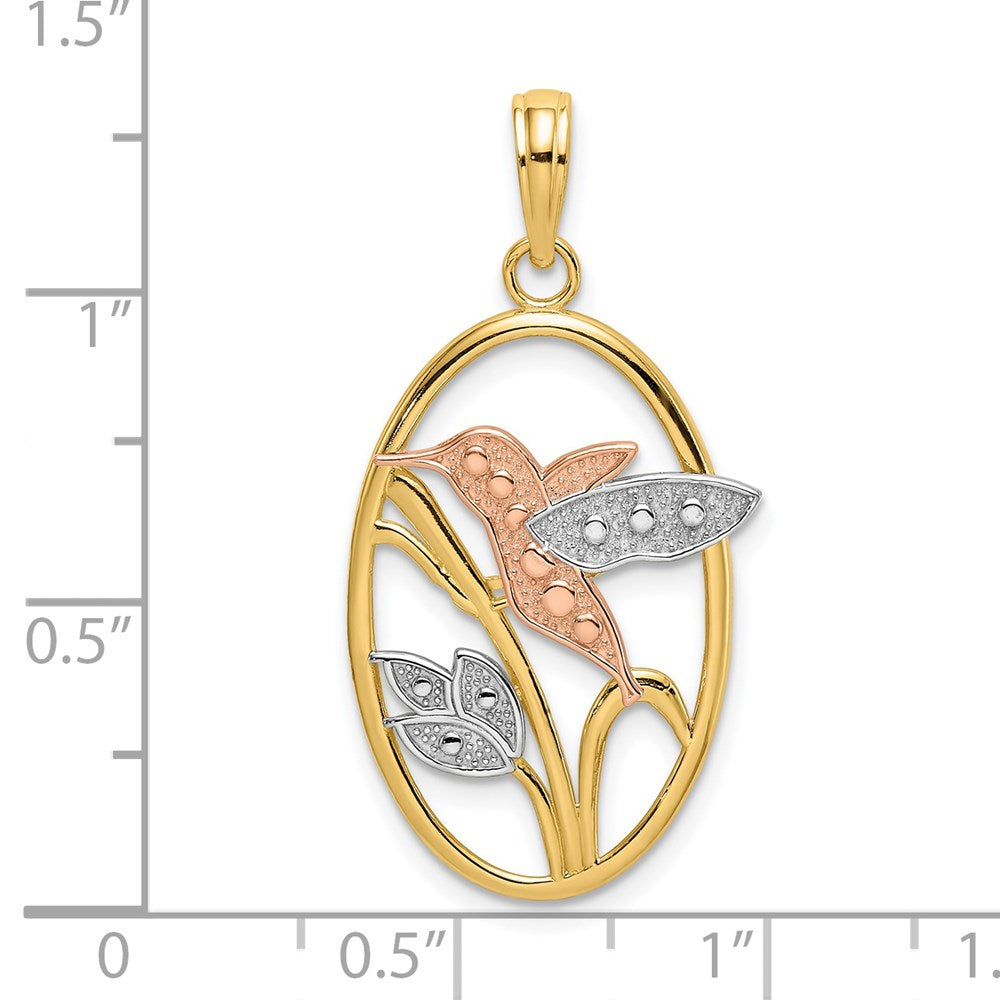 14k Two-tone with White Rhodium Hummingbird and Flowers In Oval Frame Charm