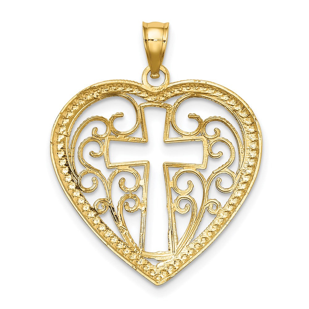 14K w/Rhodium Cut-Out and Beaded Filigree Heart w/Cross Charm