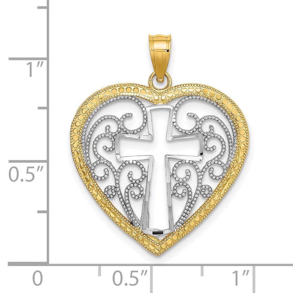 14K w/Rhodium Cut-Out and Beaded Filigree Heart w/Cross Charm