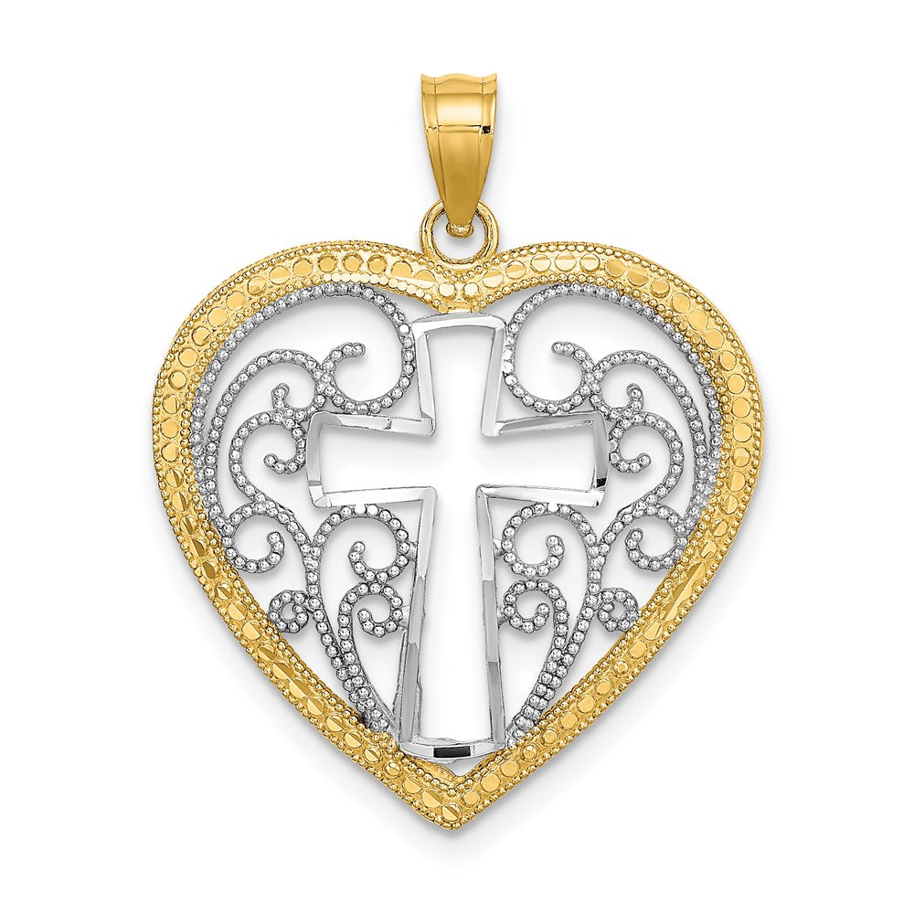 14K w/Rhodium Cut-Out and Beaded Filigree Heart w/Cross Charm