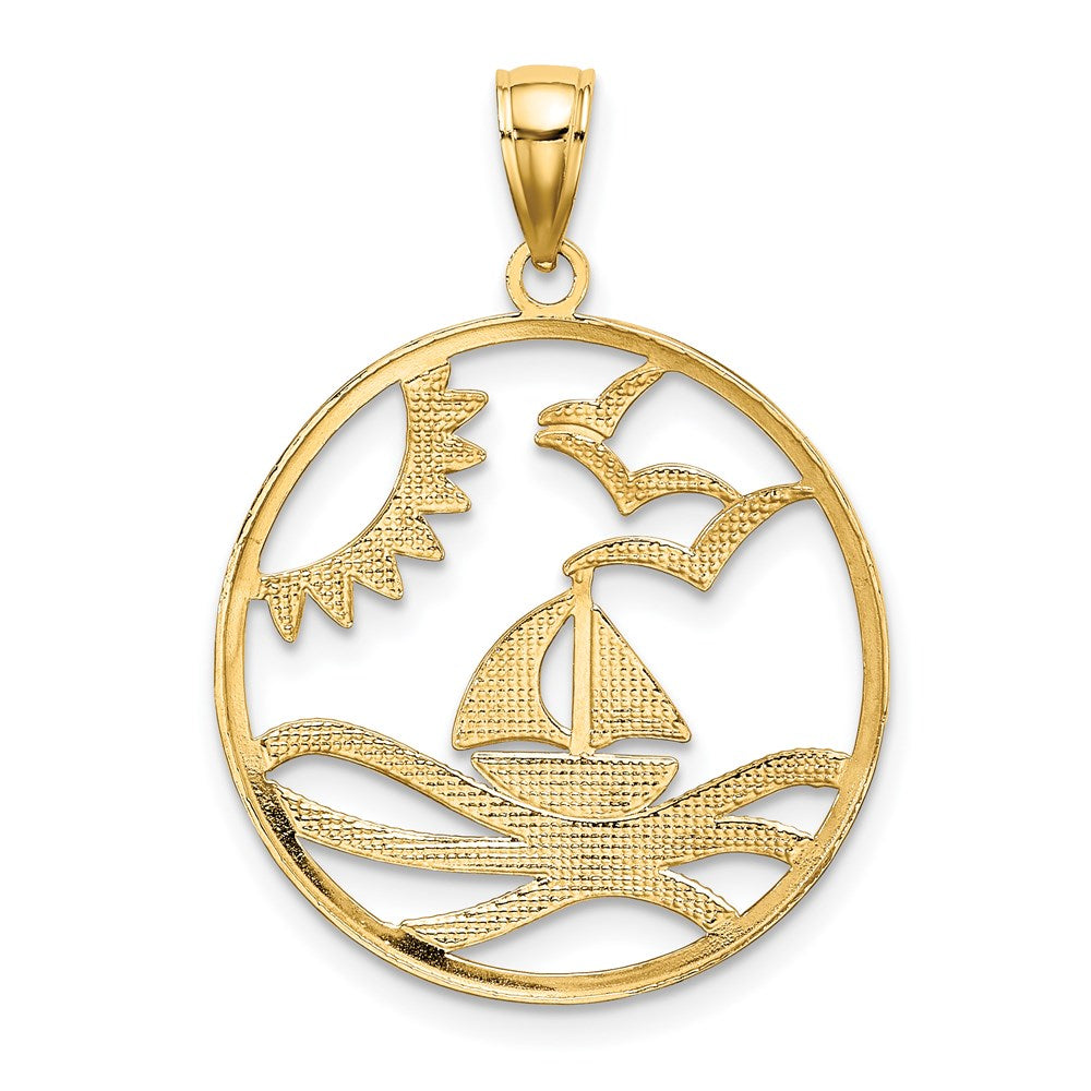 14k w/Rhodium Sun Sailboat Water Seagulls Circle Charm