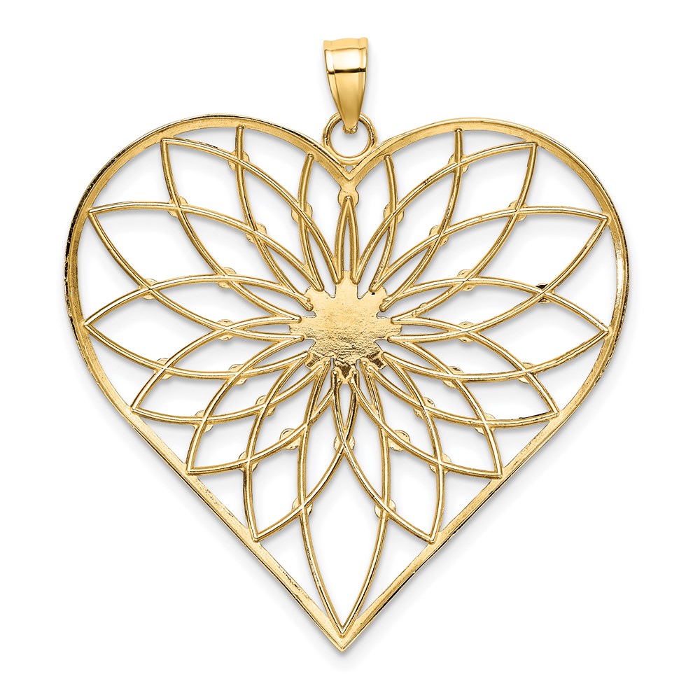 14k with White Rhodium Diamond-cut Large Filigree Heart Pendant