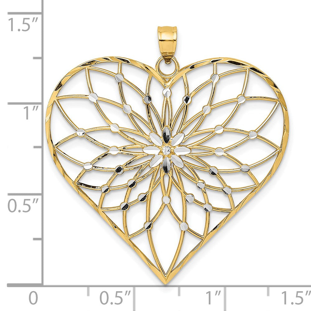14k with White Rhodium Diamond-cut Large Filigree Heart Pendant