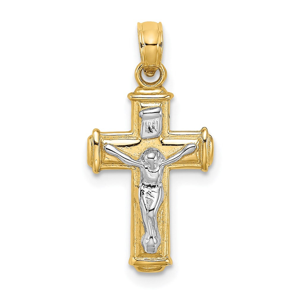 14K W/ Rhodium Polished Block INRI Crucifix Charm