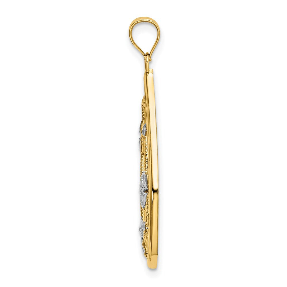 14K w/ White Rhodium Flowers In Teardrop Frame Charm