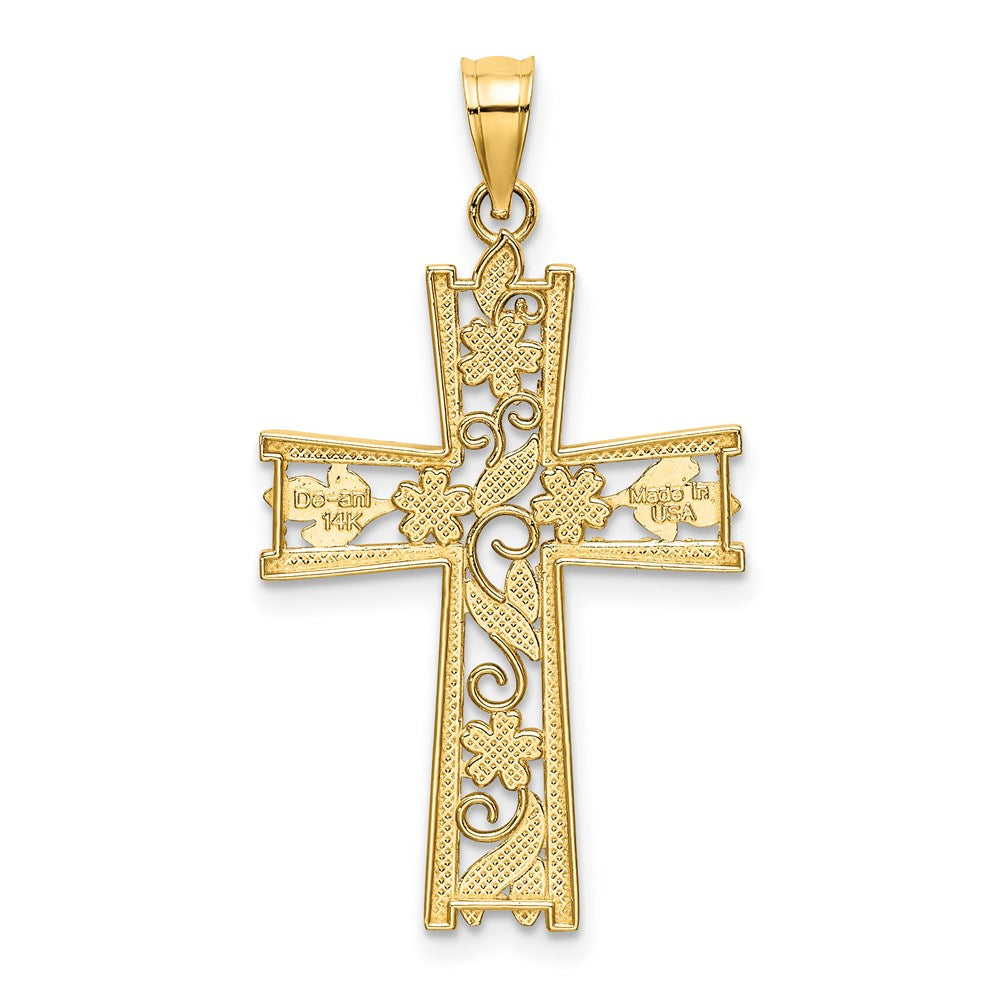14K W/ Rhodium and D/C Flower Design Cross Charm