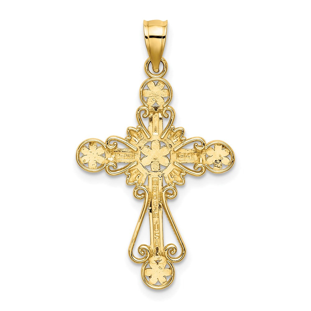 14K W/ Rhodium D/C Flower Design Cross Charm