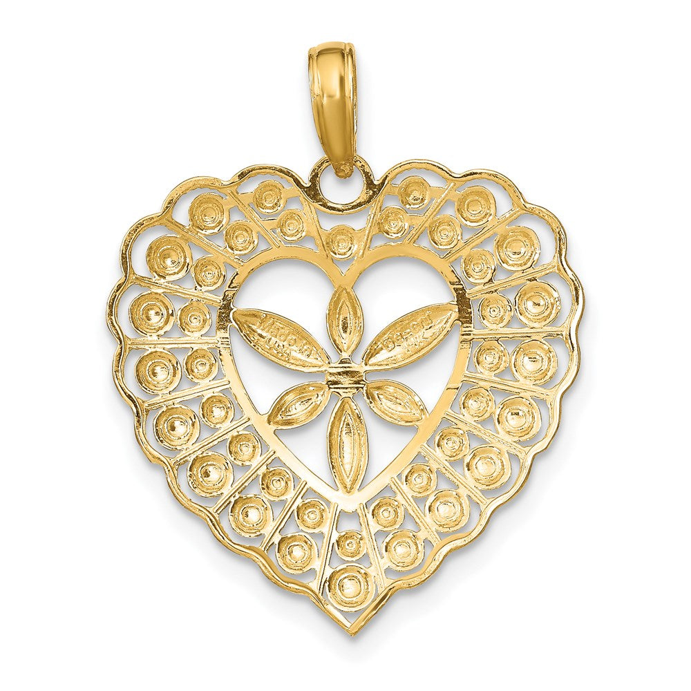 14k w/Rhodium Flower and Beaded Heart Charm