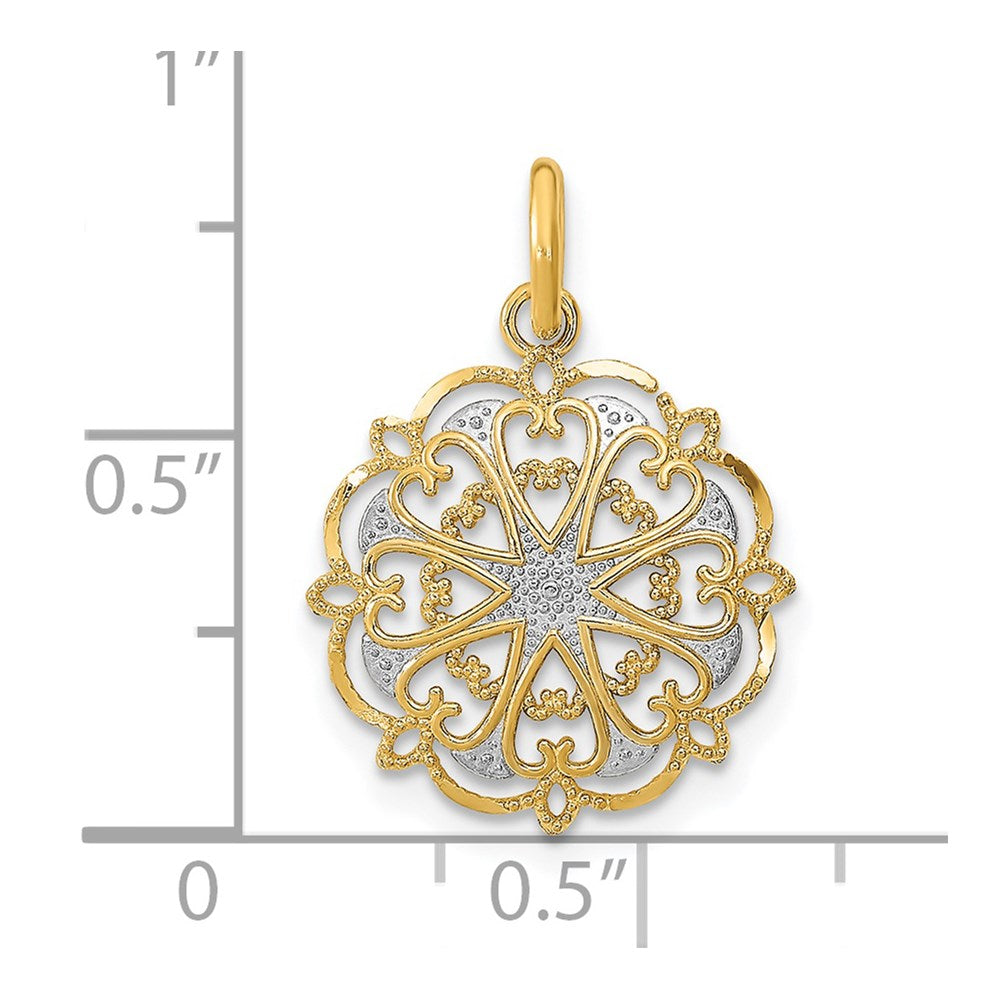 14K w/Rhodium and D/C Filigree Heart Round Charm