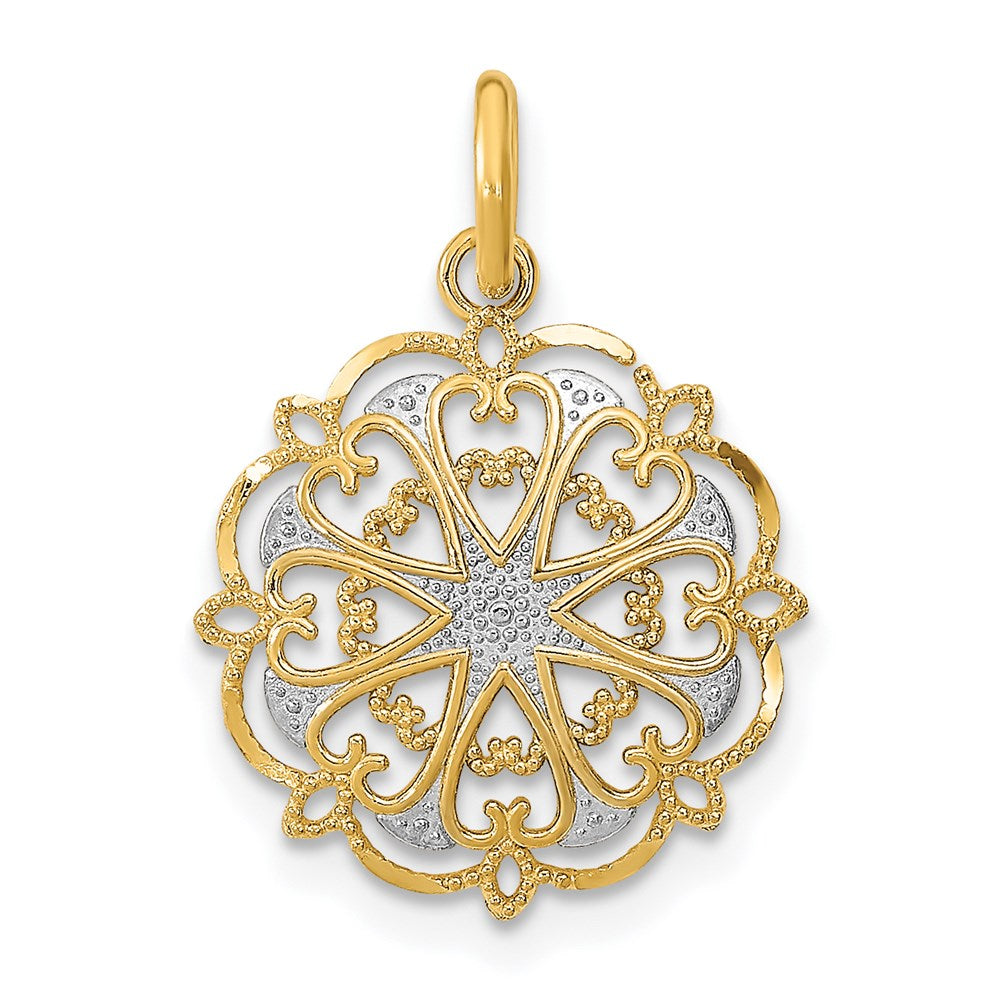 14K w/Rhodium and D/C Filigree Heart Round Charm