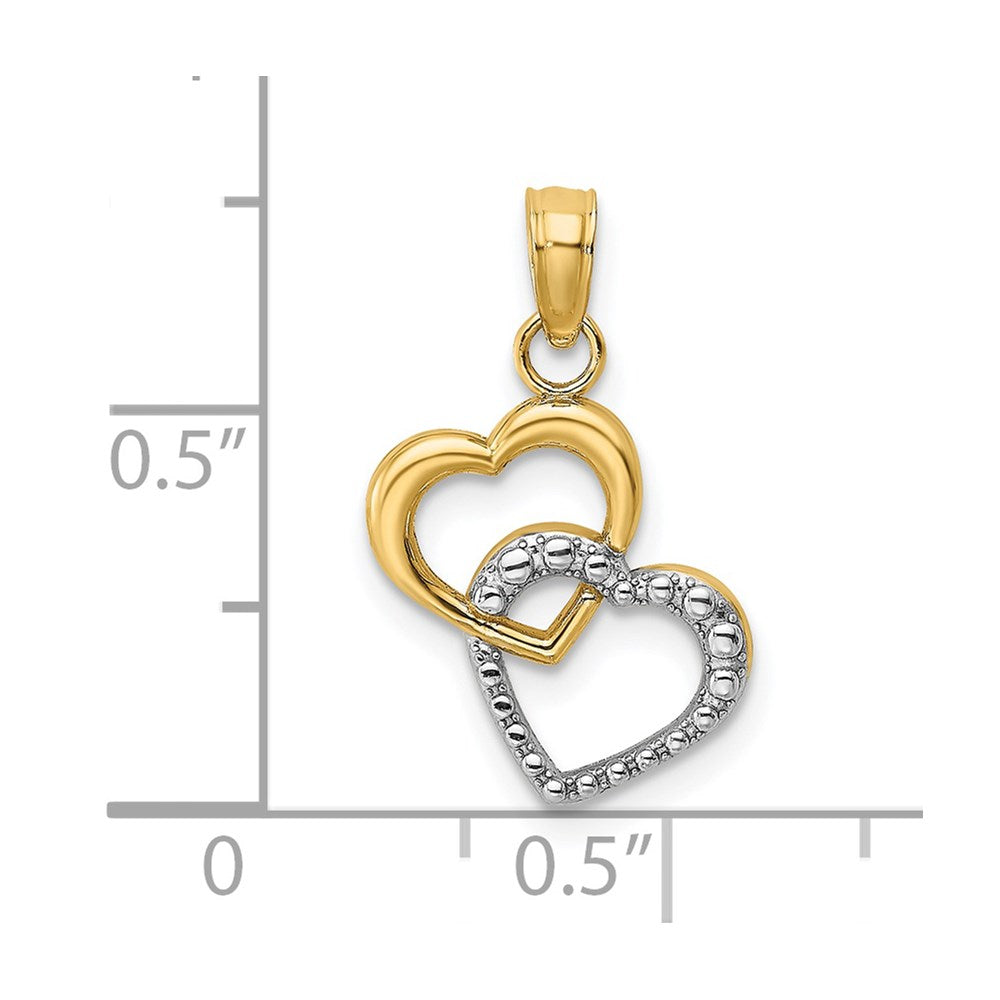 14k w/ Rhodium Polished and Textured Intertwined Hearts Charm