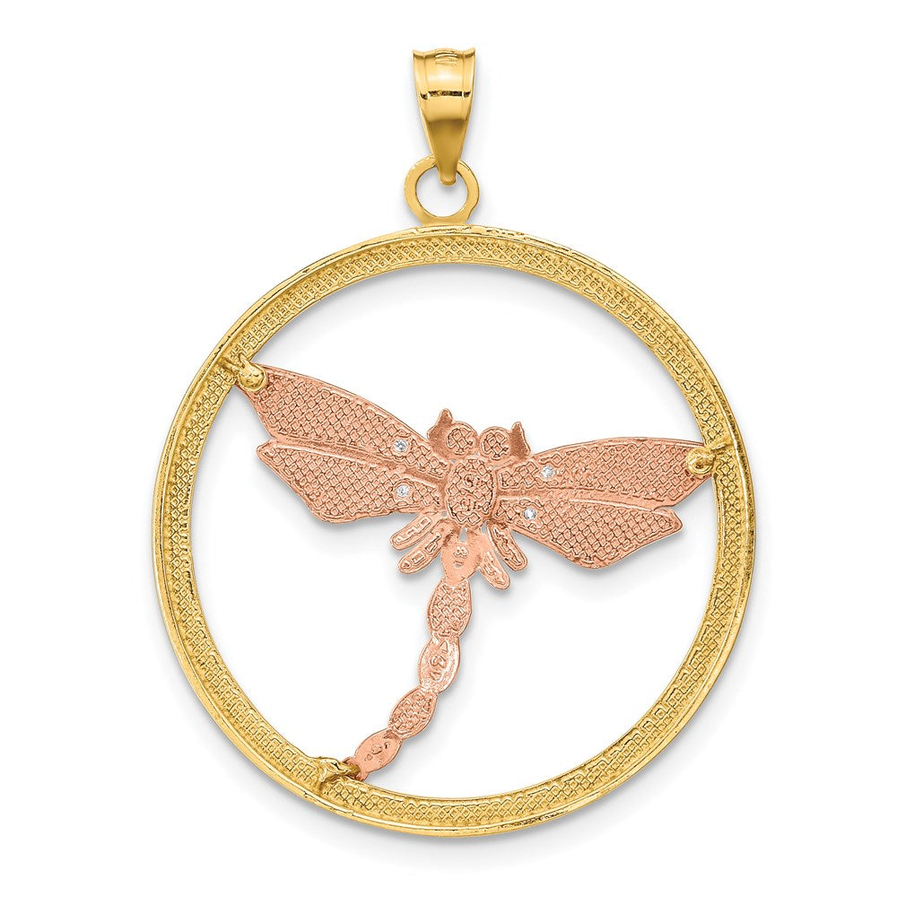 14k Two-tone White Rhodium Textured Dragonfly in Round Frame Charm