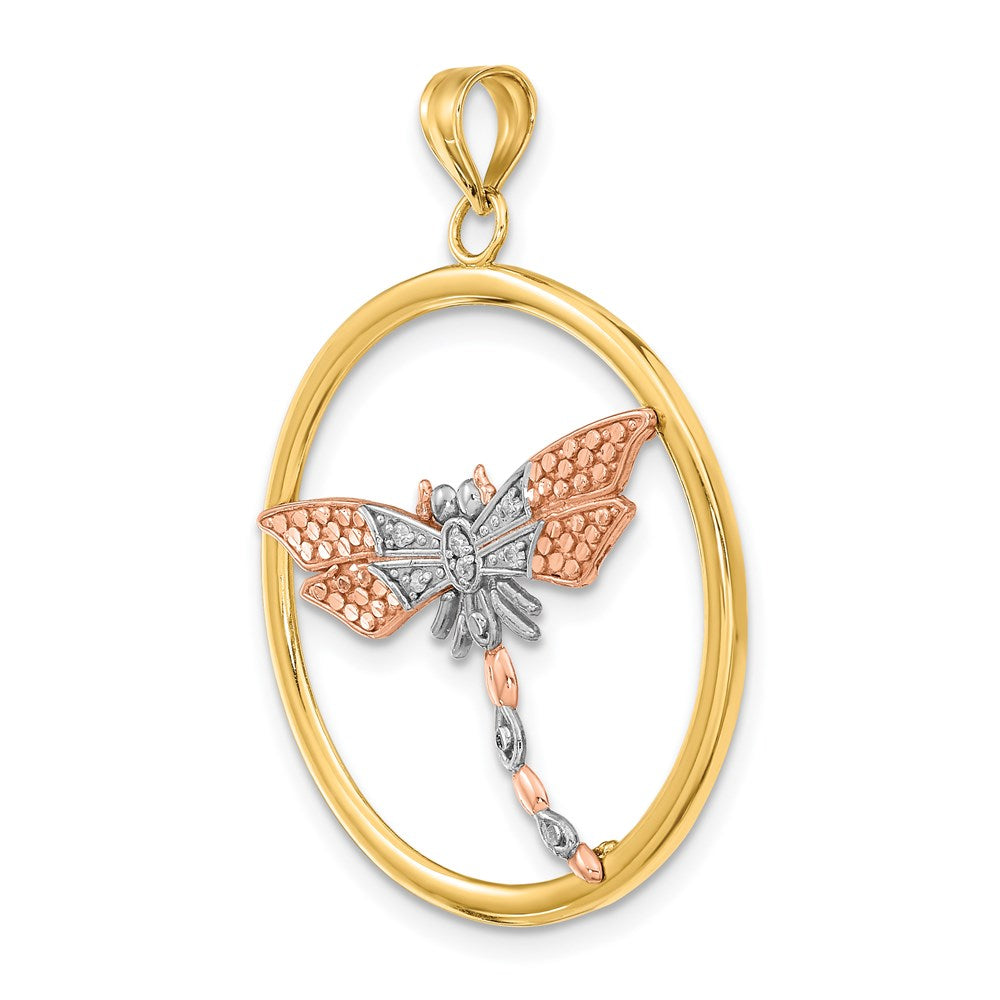 14k Two-tone White Rhodium Textured Dragonfly in Round Frame Charm