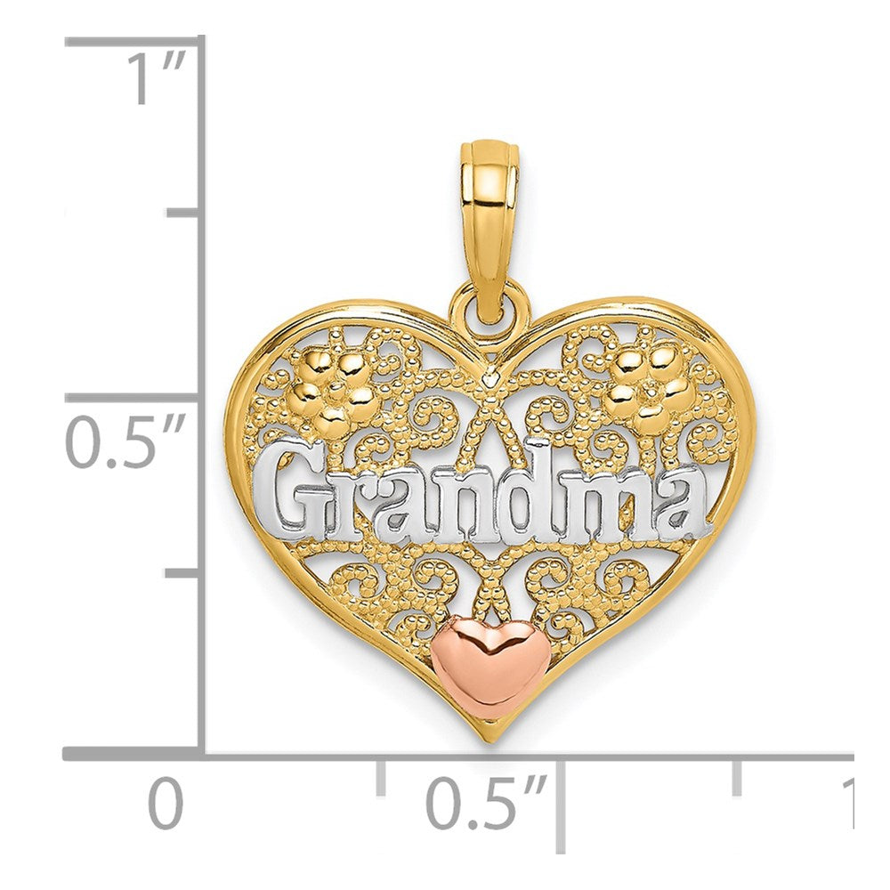 14k Two-tone White Rhodium GRANDMA In Filigree Heart Charm