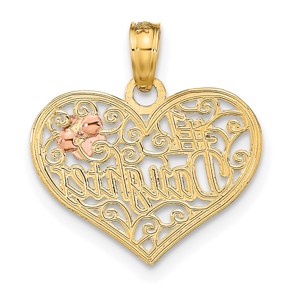 14k Two-tone White Rhodium #1 DAUGHTER In Heart w/ Flowers Charm