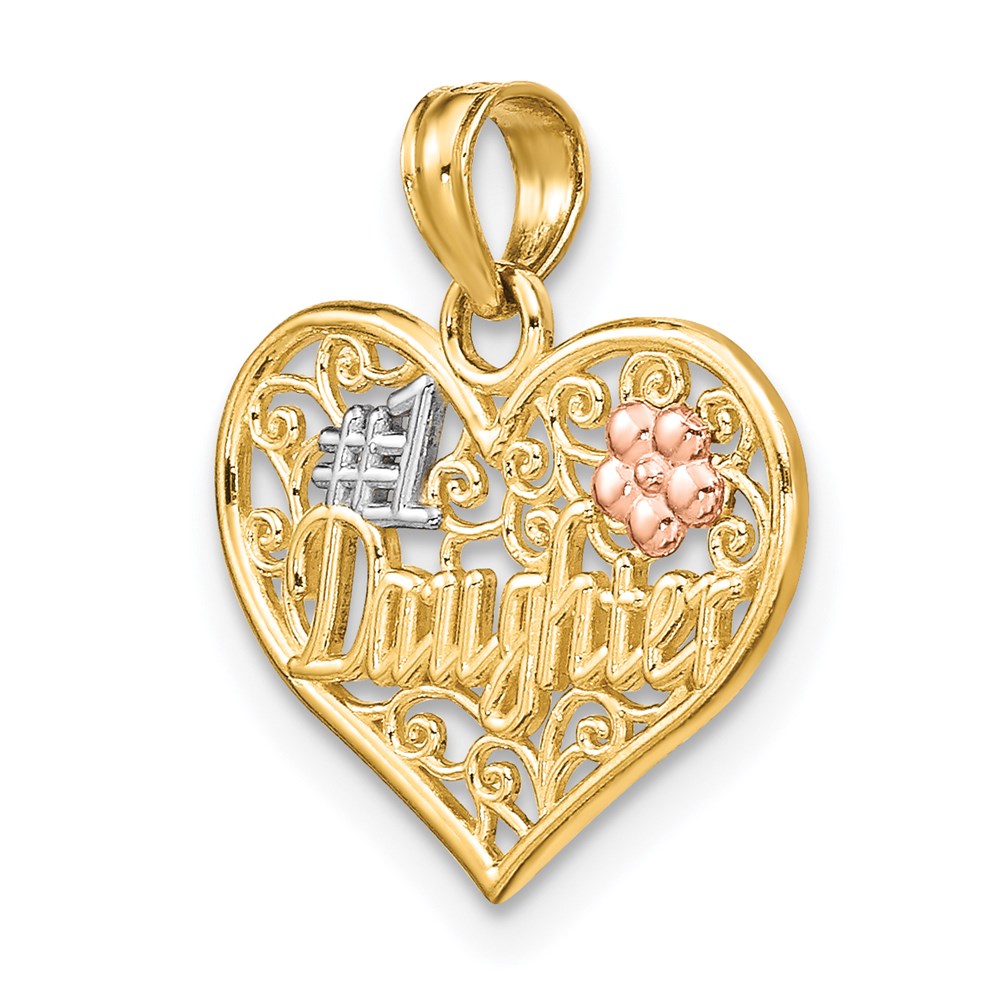 14k Two-tone White Rhodium #1 DAUGHTER In Heart w/ Flowers Charm