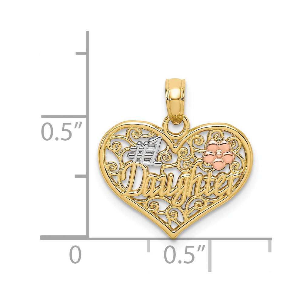 14k Two-tone White Rhodium #1 DAUGHTER In Heart w/ Flowers Charm