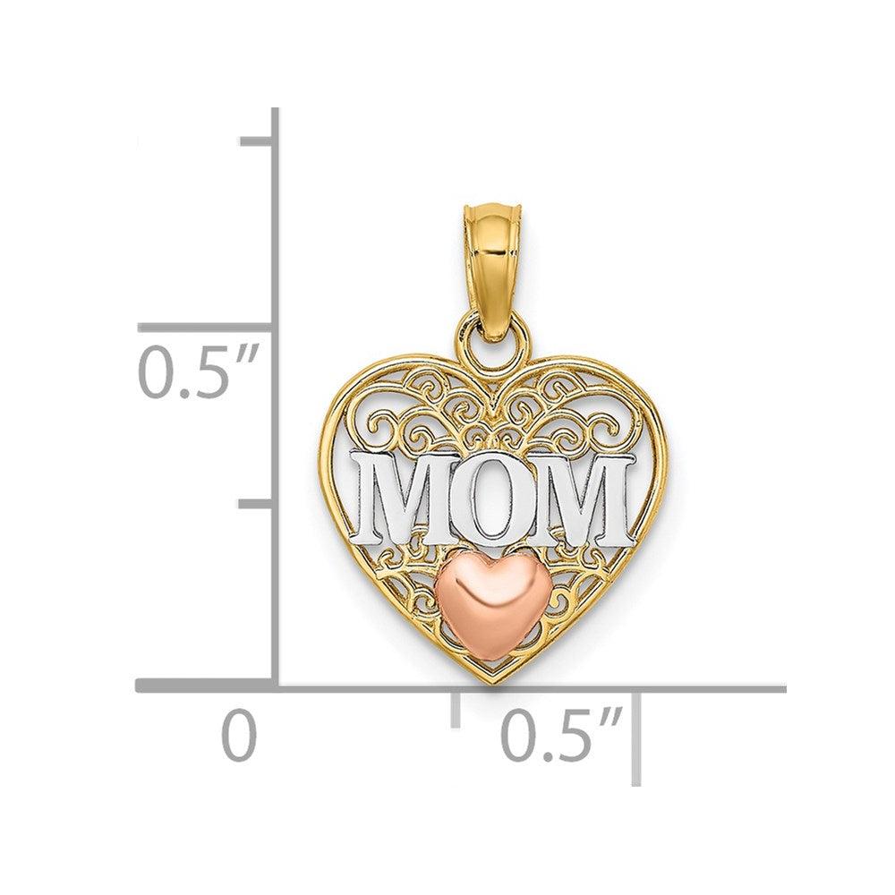 14K Two-tone w/White Rhodium Polished MOM in Heart Pendant