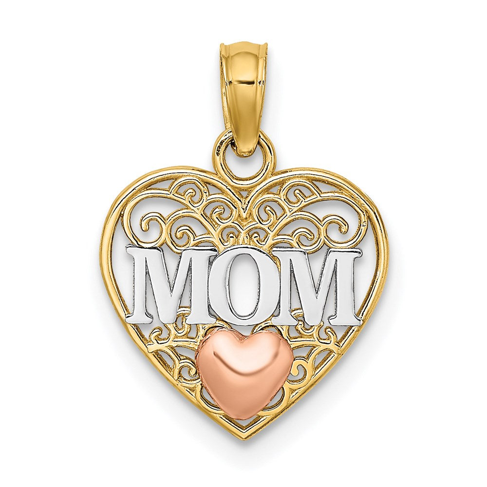 14K Two-tone w/White Rhodium Polished MOM in Heart Pendant