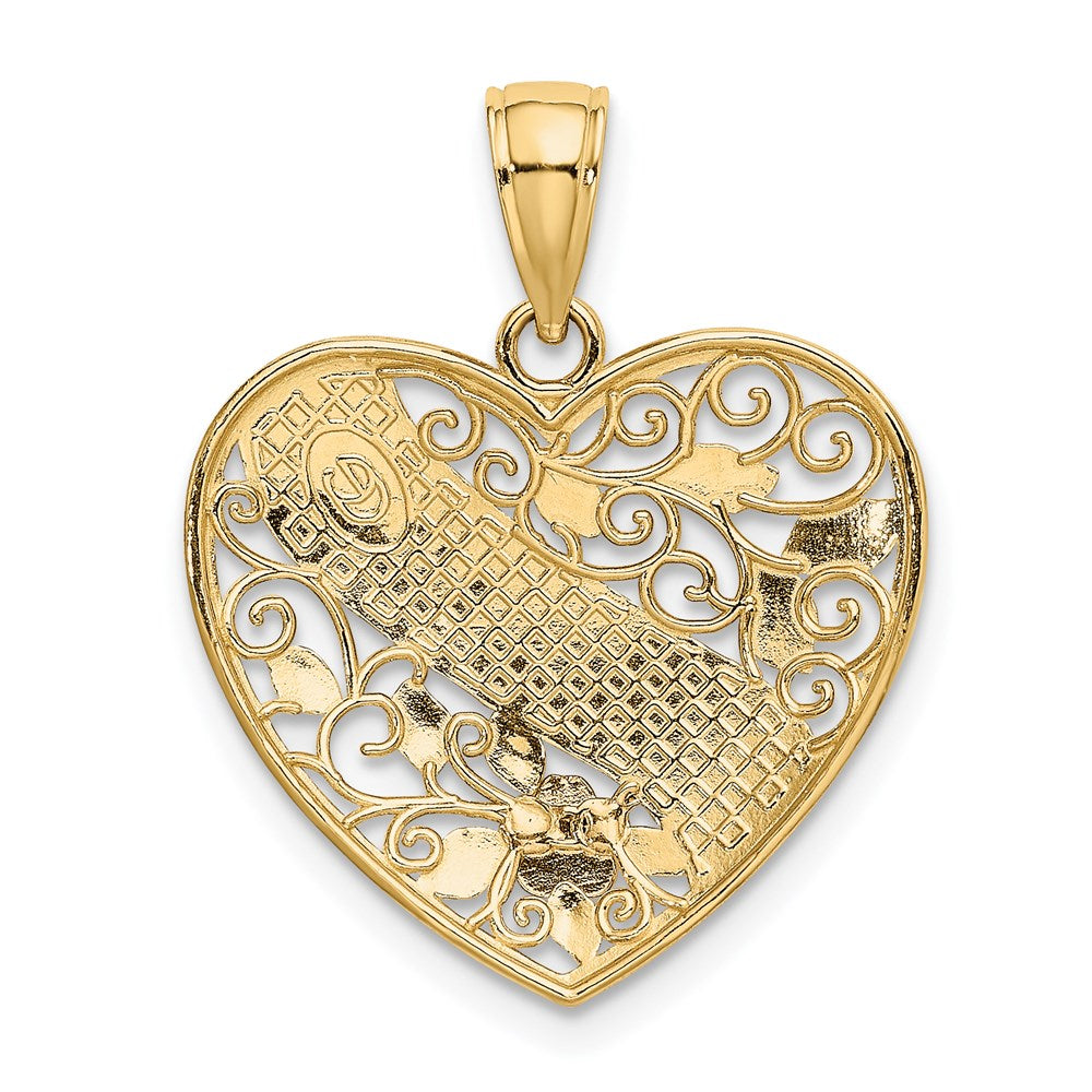 14k Two-tone White Rhodium GRANDMA In Filigree Heart w/ Flowers Charm