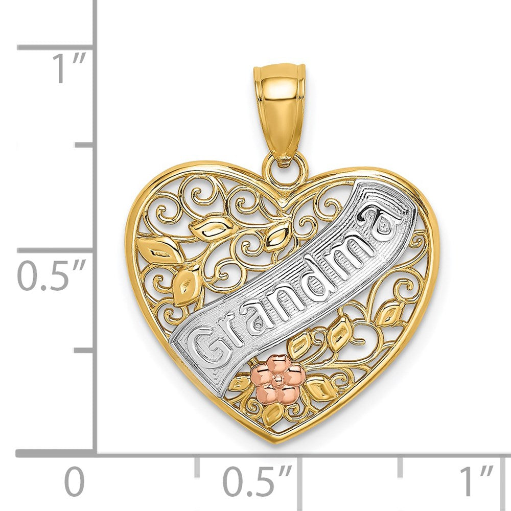 14k Two-tone White Rhodium GRANDMA In Filigree Heart w/ Flowers Charm