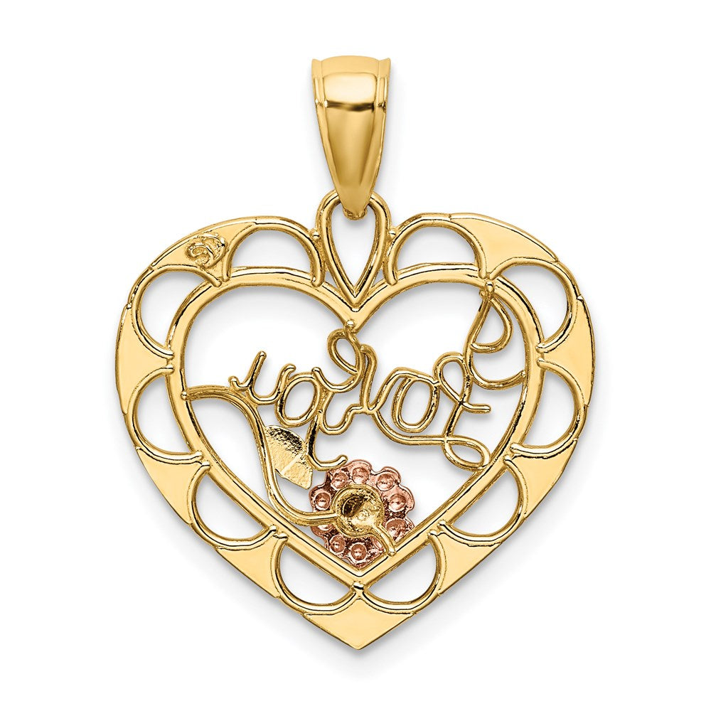 14k Two-one w/White Rhodium I LOVE YOU Heart w/ Flower Charm