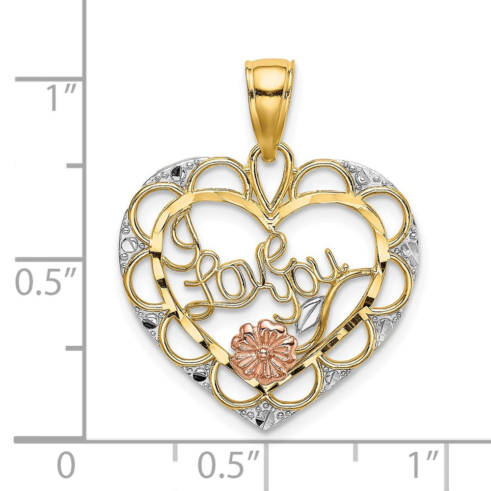 14k Two-one w/White Rhodium I LOVE YOU Heart w/ Flower Charm