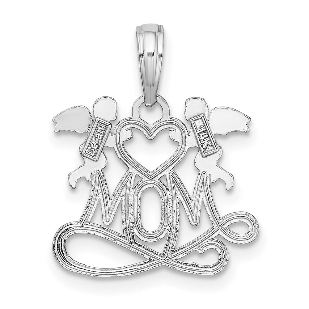 14K White Gold MOM w/ 2 Angels Holding Heart Charm