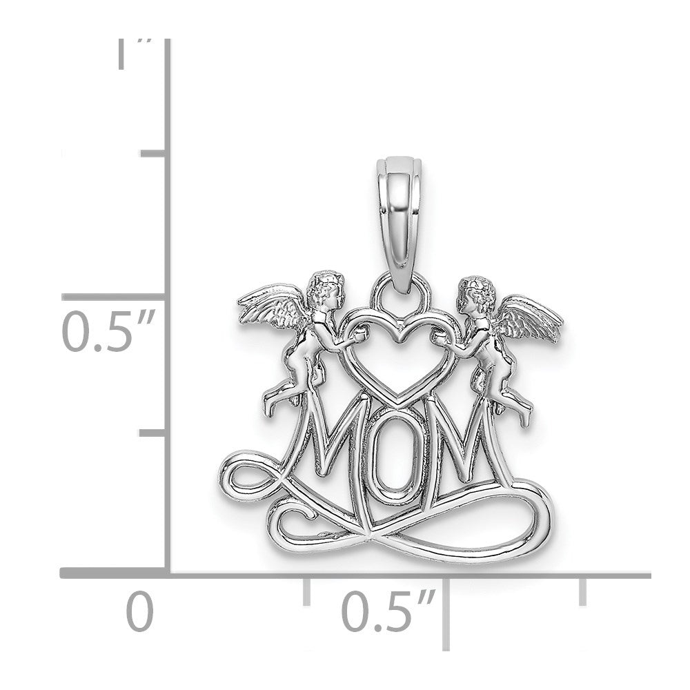 14K White Gold MOM w/ 2 Angels Holding Heart Charm
