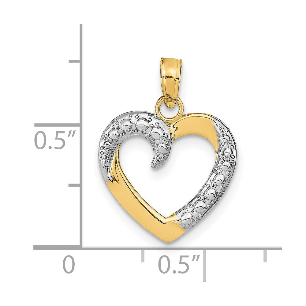 14K and White Rhodium Polished and Textured Heart Pendant