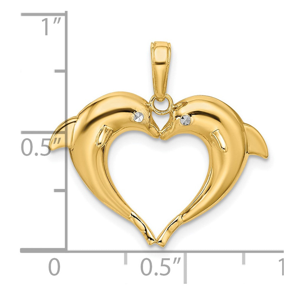 14k w/Rhodium Double Dolphin Heart Pendant