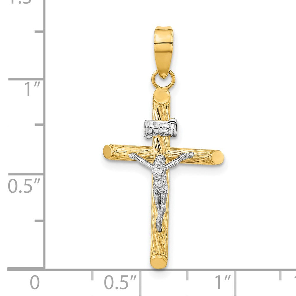 14K w/White Rhod Polished & Textured INRI Crucifix Cross Pendant