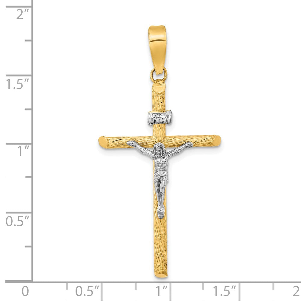 14K w/White Rhod Polished & Textured INRI Crucifix Cross Pendant