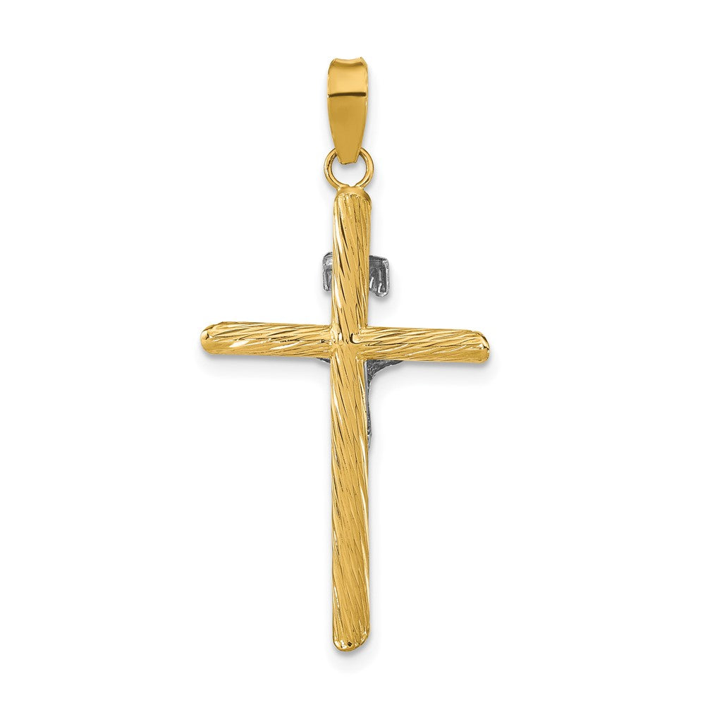14K w/White Rhod Polished & Textured INRI Crucifix Cross Pendant