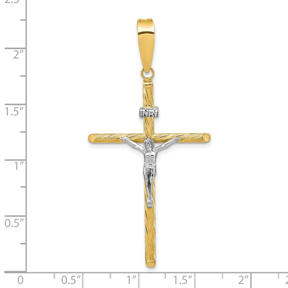 14K w/White Rhod Polished & Textured INRI Crucifix Cross Pendant