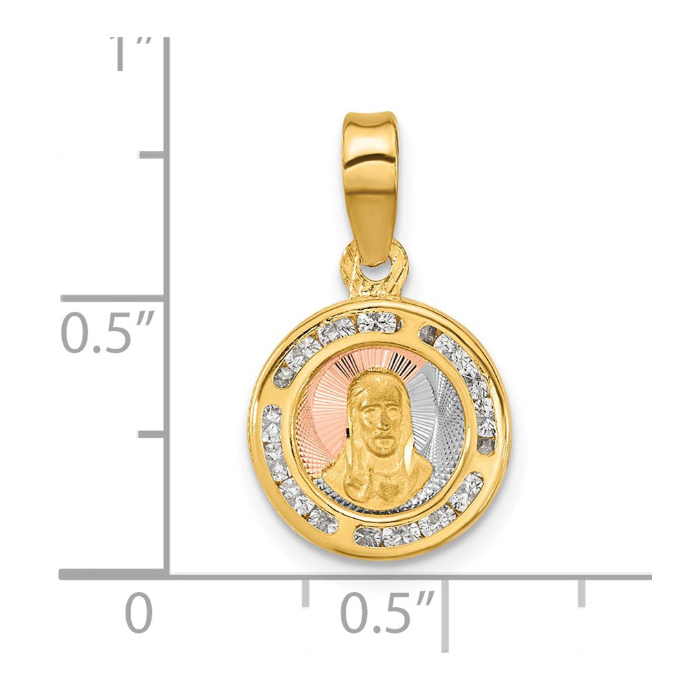 14K with Rose and White Rhodium Polished CZ Sagrado Corazon Round Pendant