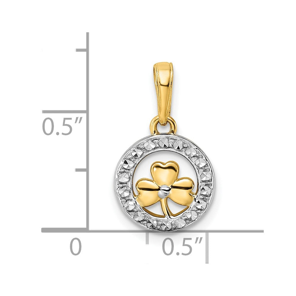 14k and White Rhodium Diamond-cut Clover in Circle Pendant