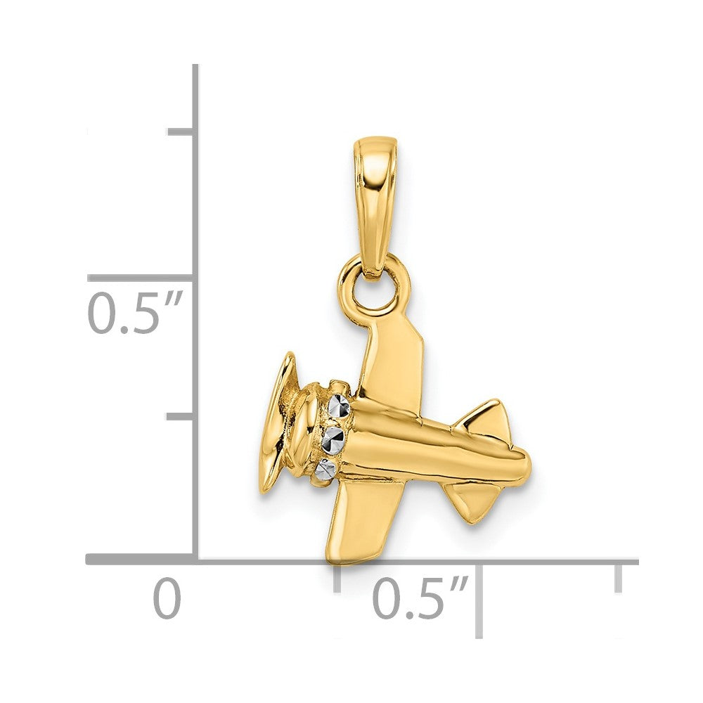 14k w/ White Rhodium 3D Diamond-cut Airplane Pendant