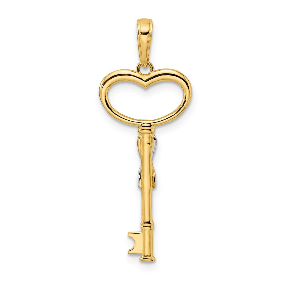 14k and White Rhodium Diamiond-cut Heart Key Pendant