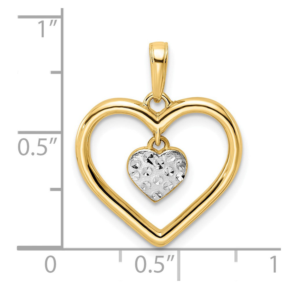 14k and White Rhodium Diamond-cut Heart w/Dangle Heart Pendant
