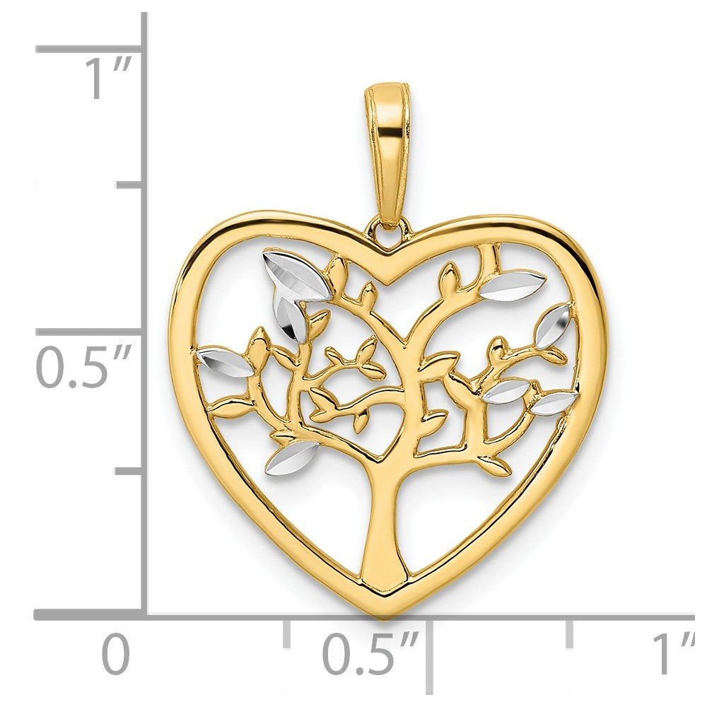 14k and White Rhodium Diamond-cut Tree of Life Heart Pendant