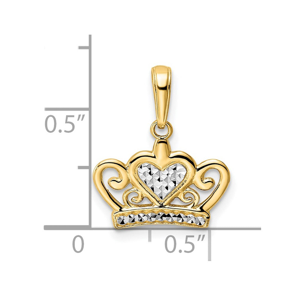 14k and White Rhodium Diamond-cut Heart Crown Pendant