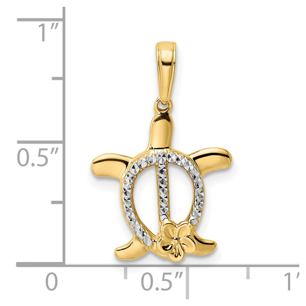 14k and White Rhodium Diamond-cut Turtle w/ Flower Pendant